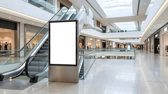 Large blank advertising billboard inside modern shopping mall for premium brand campaign visibility