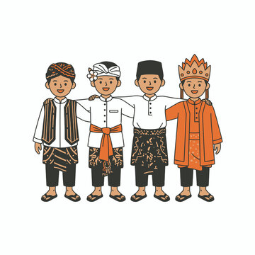 Indonesian men in traditional costumes standing together