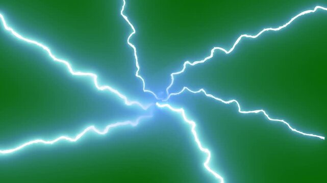Electric lightning strike with blue thunderbolt flash, dramatic storm energy effect, features animated white lightning bolts striking, animated bolt strikes, lightning storm on green screen.