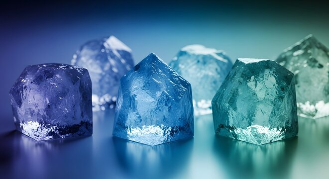 Several crystals are arranged on a surface with a blue effect
