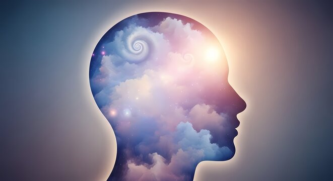 A person's head silhouette reveals a swirling cloudy sky with a bright sun shining through