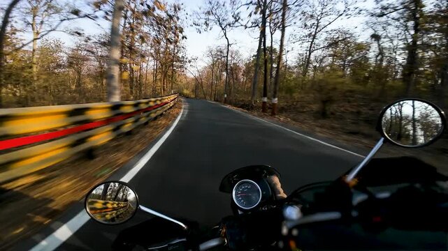 Motorcycle riding through a forest on a beautiful zig-zag tarmac road during winter season 4