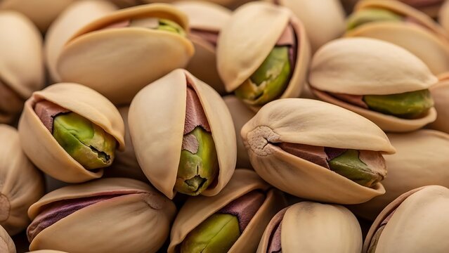 Close-up shot of delicious pistachios in their shells.