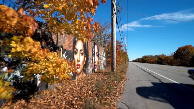 Realistic female portraits and colorful spray-painted graffiti on a red brick wall beside a paved highway with utility poles and autumn trees under a clear blue sky.