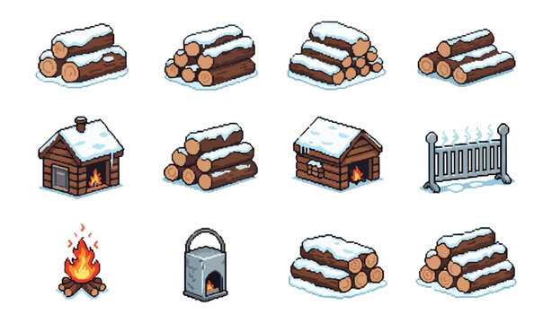 Winter scene icons log piles cabins bonfire and furnace on black