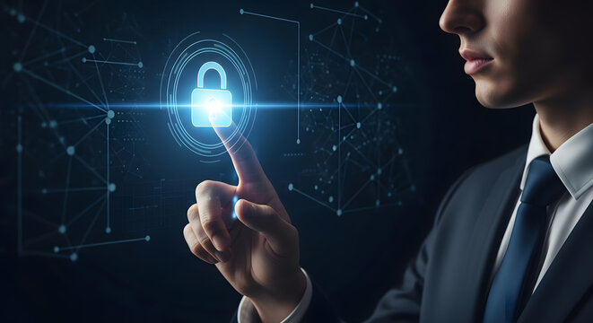 Professional touching a glowing digital padlock icon representing robust data security and privacy