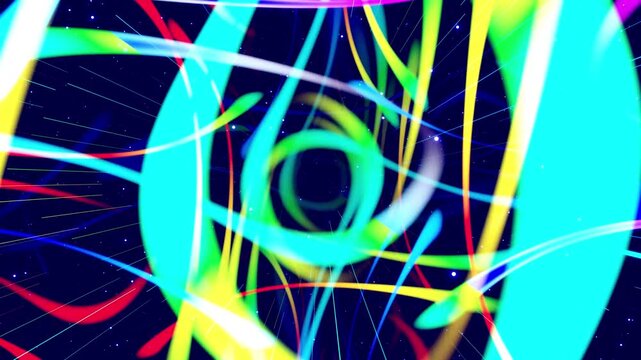 Motion graphic, camera fly in art space, multilayer structure with pattern, glow particles and lines. Ornamental texture rainbow gradient color. Futuristic Art Space: Camera Flythrough