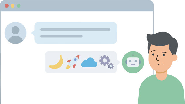 A man looks concerned while chatting on a computer with weather icons nearby.