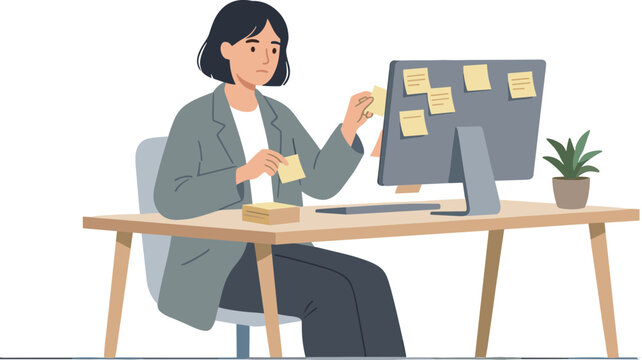 A woman sits at a desk organizing sticky notes on her computer