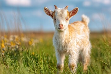 Fototapeta premium Curious baby goat on lush spring grass with gentle, wholesome rural charm