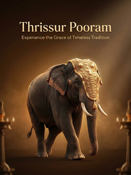 Elephant adorned with traditional golden decorations for thrissur pooram festival standing against a warm glowing background with candelabras