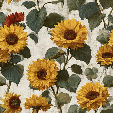 Hand painted sunflowers with subtle vintage texture create warm and rustic botanical pattern featuring large yellow flowers and green leaves on textured background