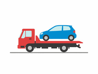Fototapeta premium Tow truck carrying blue car on flatbed illustration