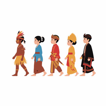 Children in Indonesian traditional ethnic clothing walking in line