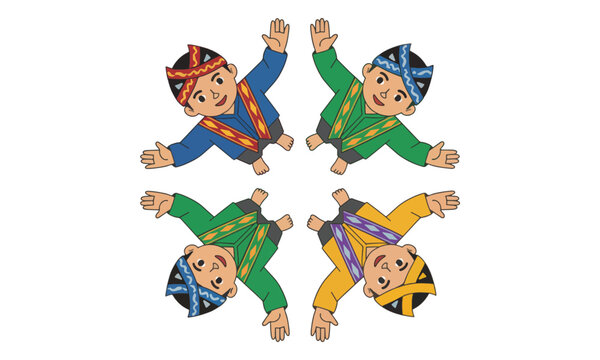 Indonesian boys in traditional costumes waving in circle formation