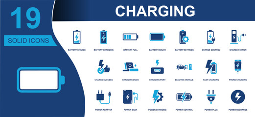 Charging icon set. Containing battery, charger, power bank, fast charging, electric vehicle, charging dock, plug, adapter, recharge, control and more. Solid vector icons collection. © Asad