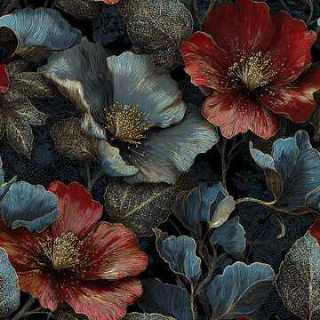 Dark floral pattern with detailed red and blue flowers and gold lined leaves creates luxurious and elegant textile design full of sparkle and intricate beauty