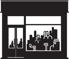 Obraz premium Black and white cityscape storefront with graffiti window display