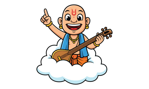 Narada Muni Hindu Sage Character Playing Veena on a Cloud