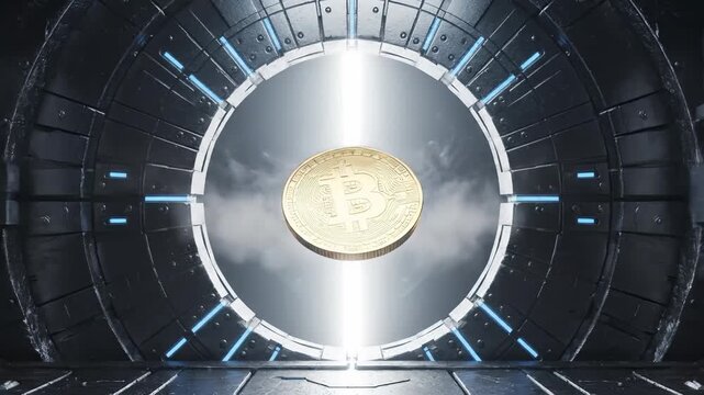 A striking scene unfolds within a high-tech realm, as a golden bitcoin floats gracefully from a brilliant portal.