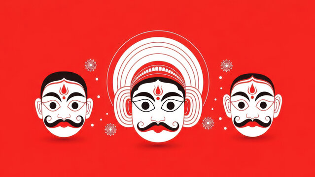 Traditional bengali chhau masks illustration, red background, cultural folk dance art.