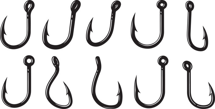 Close-up of multiple black fishing hooks on white background