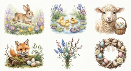 Obraz premium Illustration of spring-themed elements including a rabbit, ducklings, lamb, fox, flowers, and Easter eggs arranged in a decorative layout for seasonal celebration