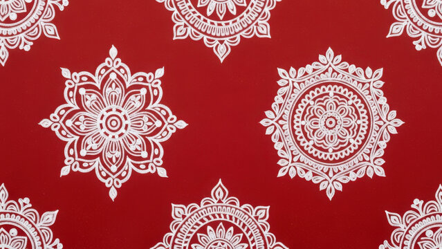 White floral patterns on red background festive designs for Indian cultural events.
