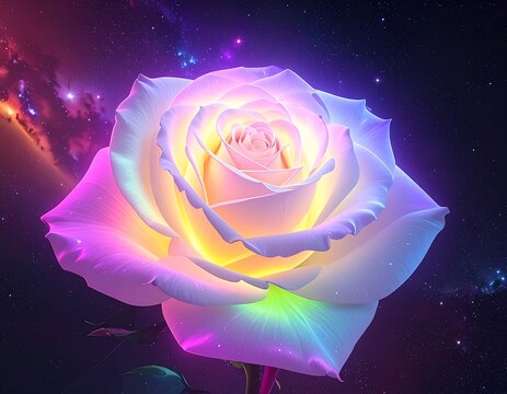 A vibrant white rose with neon colors against a starry night sky