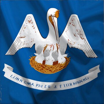 A white pelican in a nest on a blue flag with a white banner