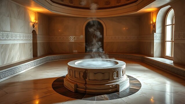 yanking. Traditional Turkish bath interior with marble floor and central heated stone emitting steam. real-estate listings.