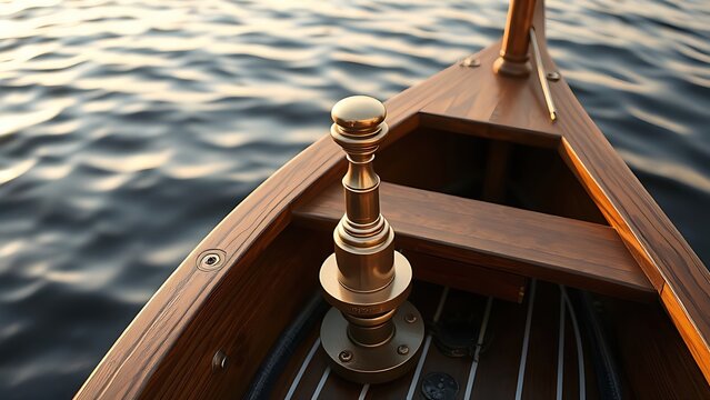 tiller. A small wooden boat's stern with a bronze tiller handle in calm golden hour light. mobility guides, transit brochures, designed for mobility and urban transit guides.