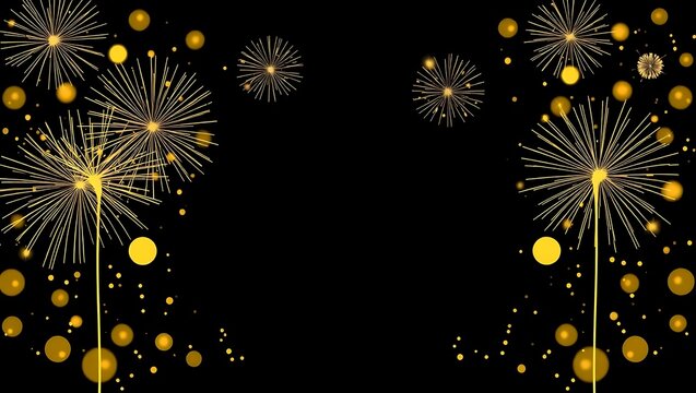 Elegant gold fireworks and champagne bubbles in border design with clean clear center, ideal for New Year card templates