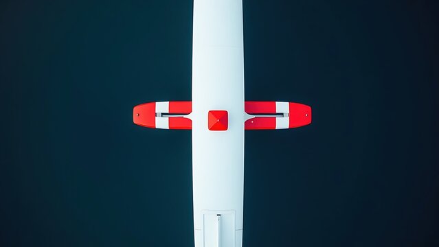 floatplane. Top-down view of a floatplane's wing and red floats on calm water. mobility guides, transit brochures, designed for transport & logistics marketing, improves user orientation.