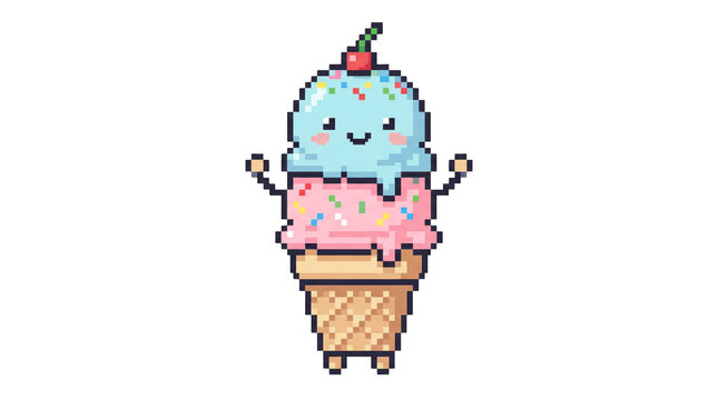 Pixel art ice cream character with smiling face, colorful sprinkles, kawaii style, soft pastel tones, 16-bit aesthetic, isolated, transparent background. 