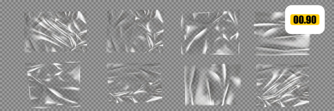 Transparent plastic film texture. Stretchable polyethylene film in A4 size. Plastic stretch cellophane effect with a crumpled and wrinkled texture.