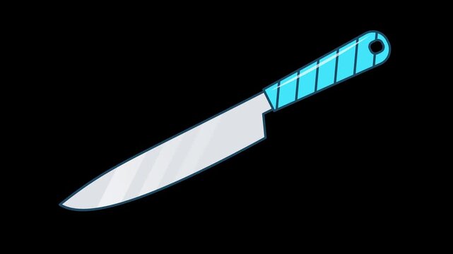 Seamless 4K animation of a swaying kitchen knife with a blue handle and a shiny sharp blade. High-quality motion graphic on alpha channel for cooking, chef, and culinary equipment illustrations
