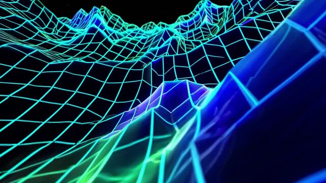 Neon wireframe landscape stretching toward horizon, glowing grid peaks and valleys form retro synthwave panorama, teal and cyan gradients pulse across polygon terrain, cockpitlike perspective suggests