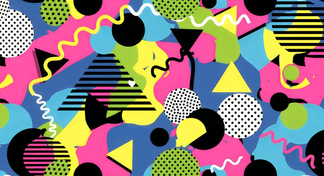 Vibrant memphis pattern, colorful geometric shapes, abstract background, trendy design