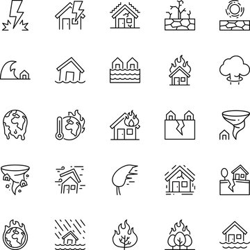 A comprehensive collection of twenty-five thin line icons representing various natural disasters
