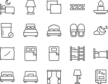 A collection of twenty simple black and white line icons representing sleep and bedroom furniture