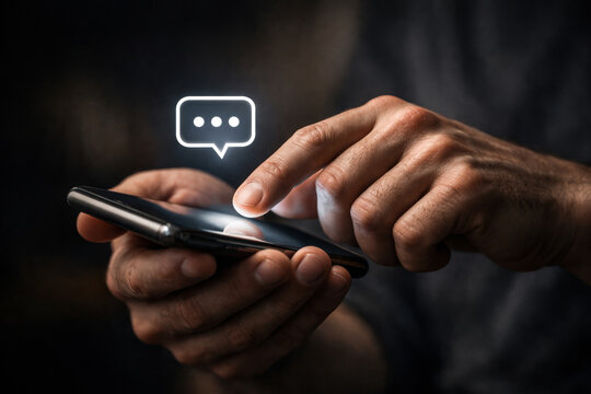 Man using smartphone with glowing chat message icon in dark background