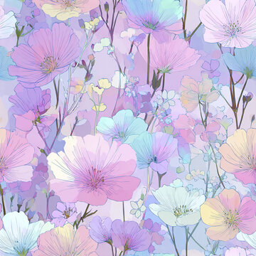 Light pastel floral meadow with soft pink, blue, and lavender flowers creating delicate and calming pattern full of gentle beauty and natural elegance
