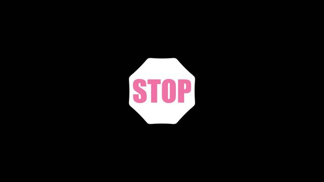 Motion graphic video animation. Attention road stop sign. Red shape octagon icon with white stop lettering.