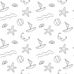 Obraz premium Seamless summer beach pattern with hand-drawn line art icons of sailboats, starfish, beach balls, and seashells on white background