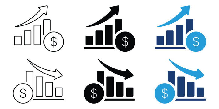 Financial bar chart icons showing rising and falling market trends with dollar currency coin, growth and loss arrow set vector illustration.