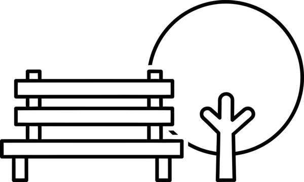 Park bench icon next to a tree, simple line art, representing outdoor leisure and relaxation, outline art