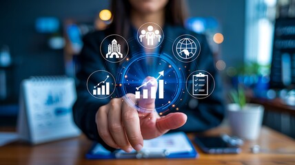 Obraz premium Business analytics concept with digital interface icons and data growth visualization technology 