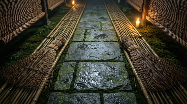 Bamboo brooms on a wet stone path illuminated by candlelight at night