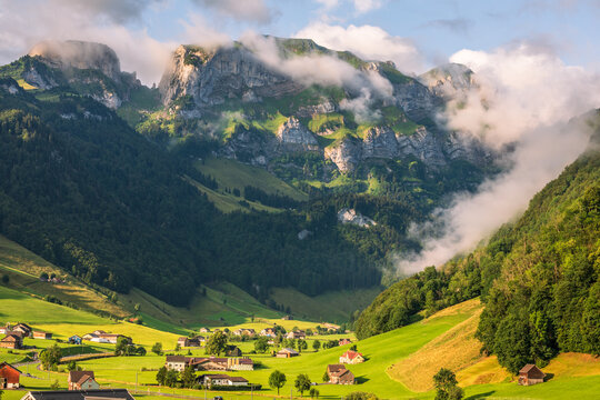 View from Wasserauen-Ebenalp cable car or Die Luftseilbahn Wasserauen-Ebenalp in the Appenzellerland region - Canton of Appenzell Innerrhoden (AI), Switzerland